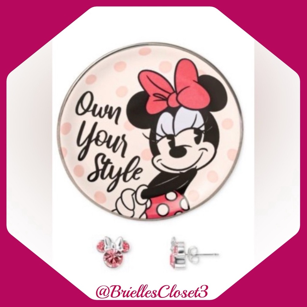 Gift Box Set 🌸 New Minnie Mouse Pink Crystal Stud Earrings & Trinket Dish
